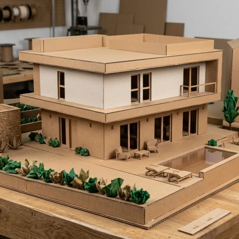 Visualización arquitectónica 3D fotorrealista de una maqueta física de una vivienda unifamiliar moderna de dos plantas, elaborada artesanalmente con cartón corrugado, cartulina y materiales reciclables, situada sobre una amplia mesa de madera en un taller de arquitectura y modelado. La maqueta representa una casa de estilo contemporáneo minimalista, caracterizada por volúmenes geométricos rectangulares, cubierta plana con pretil perimetral, grandes ventanales, terrazas y amplios voladizos horizontales. La planta superior presenta una fachada blanca con ventanas verticales de marcos oscuros y una terraza parcialmente cubierta con barandilla de cartón, mientras que la planta baja muestra grandes puertas acristaladas que conectan los espacios interiores con una extensa terraza exterior. La parcela está representada mediante una base de cartón con diferentes niveles, caminos de acceso, muros de contención y zonas ajardinadas. En el jardín delantero destaca una piscina rectangular con superficie reflectante que simula el agua, rodeada de pavimento exterior, pequeñas tumbonas y mobiliario de terraza fabricado a escala. El diseño paisajístico incorpora árboles ornamentales, palmeras, arbustos y plantas elaboradas artesanalmente con papel y cartón en diferentes tonalidades verdes y marrones. A ambos lados de la vivienda aparecen volúmenes de edificaciones vecinas construidos con cartón, que permiten comprender la escala del proyecto y su integración en el entorno urbano. En el fondo se observa un taller de maquetismo arquitectónico equipado con herramientas manuales, rollos de materiales, tableros perforados, utensilios de corte y piezas de cartón utilizadas durante el proceso de fabricación. La iluminación natural y ambiental del taller resalta las texturas del cartón corrugado, los bordes de las piezas, las uniones y los detalles constructivos de la maqueta. Esta representación arquitectónica 3D de alta calidad muestra el proceso de modelado y elaboración de maquetas de arquitectura, destacando la volumetría del edificio, la distribución de los espacios exteriores, el diseño de jardines y piscinas y la importancia de la representación tridimensional para visualizar proyectos residenciales antes de su construcción, con una apariencia comparable a una fotografía profesional de una maqueta arquitectónica artesanal.