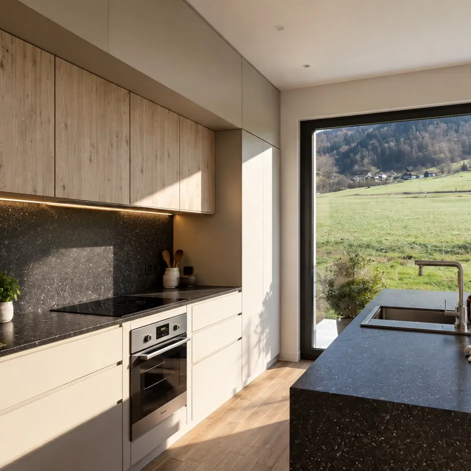 Render arquitectónico 3D fotorrealista de un elegante salón comedor moderno de estilo contemporáneo y escandinavo, caracterizado por una distribución abierta, amplios ventanales y una decoración minimalista en tonos neutros y naturales. El espacio presenta paredes blancas, techos lisos y un pavimento de madera clara con vetas naturales que aporta calidez y luminosidad. En primer plano destaca una amplia mesa de comedor rectangular con superficie de cristal transparente, estructura metálica negra y sillas tapizadas en tejido beige con respaldos curvos y patas de madera en tonos nogal. Sobre la mesa se distribuyen elementos decorativos cuidadosamente seleccionados, como un gran jarrón de cerámica con ramas verdes de eucalipto, velas y una bandeja de madera. Una espectacular lámpara de araña contemporánea, con estructura metálica dorada y múltiples brazos terminados en esferas de cristal transparente con bombillas de luz cálida, preside el comedor y aporta un elegante elemento decorativo. Al fondo se encuentra la zona de estar, equipada con un amplio sofá modular tapizado en tonos beige claro, acompañado de cojines decorativos en colores crema, gris y verde oliva, una alfombra de textura natural y un mueble bajo de televisión de líneas minimalistas en color blanco. Los grandes ventanales de suelo a techo, con carpintería discreta y cortinas blancas translúcidas, permiten disfrutar de vistas panorámicas a un paisaje natural de praderas verdes, árboles y vegetación frondosa. Una lámpara de pie con pantalla blanca y varias plantas ornamentales complementan la decoración. La abundante luz solar penetra lateralmente en la estancia, creando sombras suaves y reflejos naturales sobre el suelo de madera, el mobiliario y la mesa de cristal. Esta visualización arquitectónica 3D de interiores destaca por sus materiales hiperrealistas, iluminación ambiental equilibrada, texturas detalladas y una atmósfera residencial cálida, sofisticada y acogedora, con una calidad visual comparable a una fotografía profesional de interiorismo.