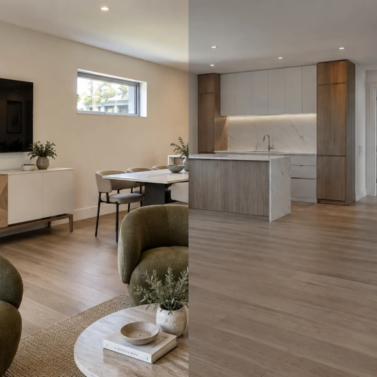 Render arquitectónico 3D fotorrealista de un proyecto de Home Staging Virtual que muestra la transformación de un espacio residencial moderno mediante la incorporación de mobiliario, decoración y elementos de interiorismo. La imagen está dividida verticalmente en dos partes que permiten comparar diferentes ambientes de una vivienda contemporánea con una distribución abierta, acabados minimalistas y materiales naturales. En la parte izquierda se presenta un salón comedor completamente amueblado, caracterizado por una decoración elegante en tonos beige, crema, blanco y verde oliva. El espacio incluye una mesa de comedor rectangular con superficie clara, sillas tapizadas en tejido beige y estructura metálica negra, un aparador blanco de diseño minimalista con una televisión de pantalla plana y plantas ornamentales. En primer plano destacan varios sillones tapizados en tejido verde oliva, una alfombra de fibras naturales y una mesa de centro circular con acabado de piedra clara, decorada con libros, un cuenco y un jarrón de cerámica con ramas verdes. Las paredes en tonos cálidos, el pavimento de madera clara y una ventana horizontal que permite la entrada de iluminación natural completan la atmósfera acogedora del ambiente. En la parte derecha se muestra una cocina moderna sin mobiliario decorativo adicional, equipada con armarios superiores blancos de acabado mate, columnas de almacenamiento revestidas de madera natural en tonos nogal y una isla central con paneles de madera y encimera de piedra clara. El frente de cocina presenta un revestimiento de efecto mármol blanco con delicadas vetas grises, fregadero integrado, grifería de acero inoxidable y una tira de iluminación LED cálida bajo los muebles superiores. El espacio dispone de un pavimento continuo de madera clara y focos LED empotrados en el techo que proporcionan una iluminación uniforme. Ambas escenas destacan por sus líneas arquitectónicas sencillas, materiales realistas, superficies de acabado natural y una estética contemporánea. Esta visualización arquitectónica 3D de alta calidad representa las posibilidades del Home Staging Virtual para el marketing inmobiliario, mostrando cómo el mobiliario y la decoración digital pueden ayudar a visualizar el potencial de una vivienda, mejorar su presentación comercial y crear ambientes atractivos y realistas sin necesidad de realizar una intervención física en el inmueble.