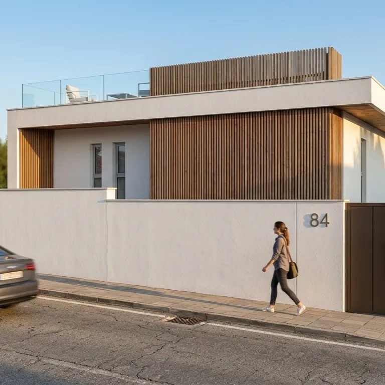 Visualización arquitectónica 3D fotorrealista de la fachada principal de una vivienda unifamiliar moderna en Valencia, España, con diseño contemporáneo minimalista y una elegante combinación de revestimiento blanco y lamas verticales de madera en tonos marrones cálidos. La arquitectura destaca por sus volúmenes geométricos rectangulares, líneas horizontales definidas, grandes voladizos y una cubierta plana con terraza transitable, protegida mediante barandillas de vidrio transparente y paneles decorativos de madera. La fachada presenta ventanas verticales estrechas con carpintería gris y un amplio revestimiento de listones de madera que aporta textura, calidez y contraste. La propiedad está delimitada por un muro perimetral blanco de acabado ligeramente rugoso, con el número 84 junto a una puerta peatonal metálica marrón oscuro y un portón de garaje del mismo material. A la izquierda destaca una exuberante buganvilla de flores fucsias que sobresale del muro, aportando color y vegetación mediterránea. En primer plano aparece un automóvil gris circulando por la calle asfaltada, mientras una mujer camina por la acera frente a la vivienda, proporcionando escala humana a la composición. El entorno residencial incluye viviendas unifamiliares, árboles y vegetación al fondo. La escena está iluminada por una cálida luz natural de última hora de la tarde, con sombras suaves y alargadas que resaltan las texturas de los materiales. Este render arquitectónico 3D de alta calidad muestra una vivienda moderna con acabados realistas, diseño exterior elegante e integración armoniosa en un entorno residencial mediterráneo.