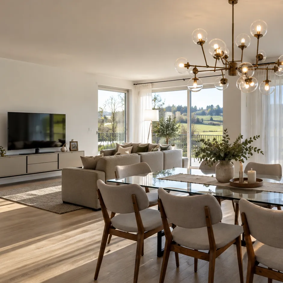 Render arquitectónico 3D fotorrealista de un elegante salón comedor moderno de estilo contemporáneo y escandinavo, caracterizado por una distribución abierta, amplios ventanales y una decoración minimalista en tonos neutros y naturales. El espacio presenta paredes blancas, techos lisos y un pavimento de madera clara con vetas naturales que aporta calidez y luminosidad. En primer plano destaca una amplia mesa de comedor rectangular con superficie de cristal transparente, estructura metálica negra y sillas tapizadas en tejido beige con respaldos curvos y patas de madera en tonos nogal. Sobre la mesa se distribuyen elementos decorativos cuidadosamente seleccionados, como un gran jarrón de cerámica con ramas verdes de eucalipto, velas y una bandeja de madera. Una espectacular lámpara de araña contemporánea, con estructura metálica dorada y múltiples brazos terminados en esferas de cristal transparente con bombillas de luz cálida, preside el comedor y aporta un elegante elemento decorativo. Al fondo se encuentra la zona de estar, equipada con un amplio sofá modular tapizado en tonos beige claro, acompañado de cojines decorativos en colores crema, gris y verde oliva, una alfombra de textura natural y un mueble bajo de televisión de líneas minimalistas en color blanco. Los grandes ventanales de suelo a techo, con carpintería discreta y cortinas blancas translúcidas, permiten disfrutar de vistas panorámicas a un paisaje natural de praderas verdes, árboles y vegetación frondosa. Una lámpara de pie con pantalla blanca y varias plantas ornamentales complementan la decoración. La abundante luz solar penetra lateralmente en la estancia, creando sombras suaves y reflejos naturales sobre el suelo de madera, el mobili