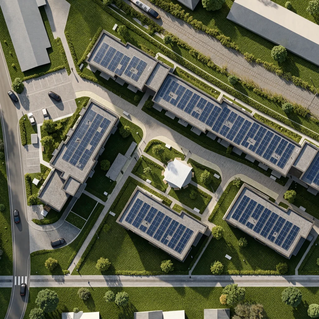 Render arquitectónico 3D fotorrealista con vista aérea cenital de un moderno complejo residencial de viviendas unifamiliares y edificios de baja altura, diseñado bajo criterios de arquitectura contemporánea, sostenibilidad y eficiencia energética. La composición muestra varios edificios distribuidos estratégicamente sobre una amplia parcela ajardinada, con volúmenes rectangulares, cubiertas planas de acabado gris claro y extensas instalaciones de paneles solares fotovoltaicos organizados en filas paralelas sobre los tejados. Los módulos solares presentan superficies azul oscuro con divisiones geométricas y reflejos naturales de la luz solar, destacando la integración de energías renovables en el diseño arquitectónico. El conjunto urbanístico dispone de amplias zonas verdes con césped cuidadosamente mantenido, árboles ornamentales de diferentes tamaños, setos perimetrales y jardines que rodean las edificaciones. Una red de caminos peatonales pavimentados conecta los distintos edificios y conduce hacia una plaza central ajardinada, donde destaca una estructura blanca de geometría poligonal rodeada de zonas de descanso y vegetación. En el lateral izquierdo se encuentran las áreas de aparcamiento exterior, con plazas delimitadas, varios automóviles y accesos conectados a una carretera asfaltada que bordea la urbanización. En la parte superior aparece un camino de circulación secundario, flanqueado por árboles y vegetación. Las edificaciones están separadas por espacios abiertos que favorecen la iluminación natural, la privacidad y la integración paisajística. La perspectiva aérea permite apreciar claramente la distribución urbanística, la orientación de los edificios, los recorridos peatonales, las zonas de aparcamiento y la disposición de las instalaciones fotovoltaicas. La escena está iluminada por una cálida luz solar lateral, que proyecta sombras largas y realistas de los edificios y árboles sobre el terreno, resaltando las texturas del pavimento, las cubiertas, el césped y la vegetación. Esta visualización arquitectónica 3D de alta calidad presenta una propuesta de urbanización residencial moderna y sostenible, combinando arquitectura funcional, diseño paisajístico, energías renovables y planificación de espacios exteriores mediante un render aéreo hiperrealista con apariencia de fotografía profesional realizada desde un dron.