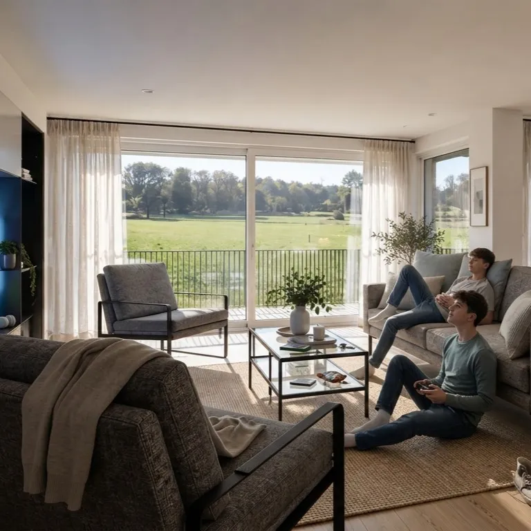 Render arquitectónico 3D fotorrealista del interior de un salón moderno y luminoso, integrado con un comedor de estilo contemporáneo minimalista. El espacio destaca por sus amplios ventanales de suelo a techo con carpintería blanca, cortinas translúcidas en tonos crema y vistas panorámicas a extensas zonas verdes, praderas y árboles. La decoración combina materiales naturales, suelos de madera clara, paredes blancas y mobiliario en tonos grises, beige y tierra, creando un ambiente cálido, elegante y acogedor. En el salón destaca un amplio sofá tapizado en gris con cojines decorativos, acompañado de dos sillones individuales, una mesa de centro rectangular de cristal y estructura metálica negra, y una alfombra de fibras naturales. A la izquierda se encuentra un gran mueble de televisión integrado con armarios de acabado liso y oscuro, donde una pantalla muestra un partido de fútbol. Dos jóvenes disfrutan del entretenimiento, uno sentado cómodamente en el sofá y otro en el suelo con un mando de videojuegos. La zona de comedor, situada a la derecha, dispone de una mesa de madera natural con sillas blancas de diseño escandinavo y una lámpara colgante minimalista. Las plantas ornamentales, jarrones decorativos, mantas y pequeños accesorios aportan realismo y personalidad al interior. La abundante luz natural entra por los grandes ventanales, proyectando sombras suaves y reflejos sobre el pavimento de madera. Esta visualización arquitectónica 3D de alta calidad muestra un diseño de interiores contemporáneo con distribución abierta, materiales realistas, iluminación natural equilibrada y una atmósfera residencial confortable que reproduce la apariencia de una fotografía de arquitectura interior.