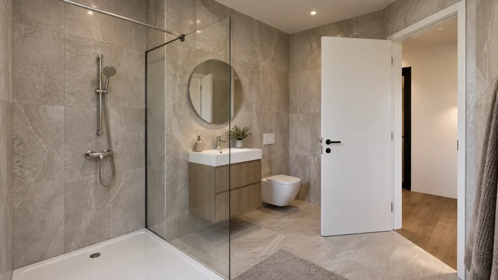 Render arquitectónico 3D fotorrealista del interior de un baño moderno de estilo contemporáneo minimalista, caracterizado por una elegante combinación de revestimientos cerámicos de gran formato con efecto piedra natural, mobiliario de madera y sanitarios blancos de líneas sencillas. Las paredes y el pavimento están revestidos con baldosas de porcelánico en tonos beige y gris cálido, con vetas blancas irregulares que reproducen la textura del mármol y aportan continuidad visual al espacio. A la izquierda destaca una amplia zona de ducha con plato rectangular blanco de perfil bajo, mampara fija de vidrio transparente sin marco y grifería de acero inoxidable con acabado satinado, compuesta por una ducha de mano circular, barra regulable y mezclador mural. En la zona central se encuentra un mueble de lavabo suspendido con acabado de madera natural en tonos roble claro, dos amplios cajones sin tiradores visibles y un lavabo rectangular blanco de diseño moderno, acompañado de un grifo monomando cromado. Sobre el lavabo destaca un elegante espejo circular sin marco que refleja parte del baño y contribuye a ampliar visualmente el espacio. Pequeños accesorios decorativos, como un dispensador de jabón de cerámica y una planta ornamental en maceta blanca, aportan frescura y naturalidad. A la derecha del lavabo se sitúa un inodoro blanco suspendido de diseño compacto, con cisterna empotrada y placa de accionamiento doble en color blanco. La estancia cuenta con una puerta abatible blanca de grandes dimensiones y manilla negra, abierta hacia un distribuidor interior con paredes claras y suelo de madera natural en tonos cálidos. En primer plano aparece una alfombra de baño gris de textura suave, mientras que en el lateral derecho se distingue una toalla gris colgada. La iluminación combina focos LED empotrados en el techo con una luz ambiental cálida y uniforme que resalta las vetas de los revestimientos, las superficies cerámicas y las texturas de la madera. Esta visualización arquitectónica 3D de interiores de alta calidad muestra un diseño de baño moderno, funcional y elegante, con materiales hiperrealistas, acabados cuidadosamente detallados y una atmósfera luminosa y acogedora, con una apariencia comparable a una fotografía profesional de interiorismo residencial.