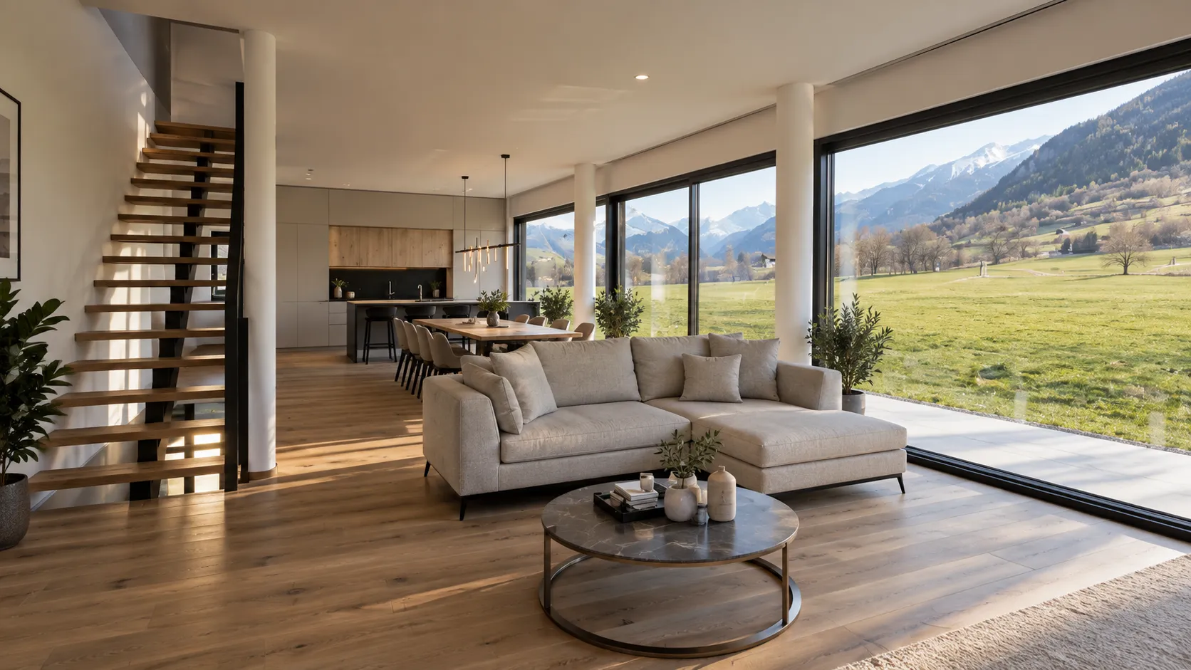 Render arquitectónico 3D fotorrealista del interior de una vivienda unifamiliar moderna de lujo, con un amplio salón comedor de concepto abierto, cocina integrada y espectaculares vistas panorámicas a un paisaje natural de montañas y praderas verdes. El diseño interior combina una arquitectura contemporánea minimalista con influencias escandinavas, caracterizada por espacios diáfanos, grandes superficies acristaladas, materiales naturales y una elegante paleta de colores neutros en tonos beige, blanco, gris y madera clara. En primer plano destaca un amplio sofá modular en forma de L, tapizado en tejido beige claro, con cojines decorativos y patas metálicas negras. Frente al sofá se encuentra una mesa de centro circular con tablero de piedra oscura veteada y estructura metálica, decorada con jarrones de cerámica, plantas ornamentales y libros. El pavimento continuo de madera natural de roble claro presenta vetas detalladas y aporta calidez a toda la estancia. A la izquierda destaca una moderna escalera interior de diseño flotante, compuesta por peldaños de madera maciza y una estructura metálica negra, sin contrahuellas, que conecta visualmente los diferentes niveles de la vivienda. Varias columnas cilíndricas blancas se integran discretamente en el espacio arquitectónico. Al fondo se encuentra el comedor, equipado con una gran mesa rectangular de madera natural y sillas tapizadas en tonos beige, iluminado mediante una elegante lámpara colgante lineal con pequeñas luces decorativas. Detrás se sitúa una cocina moderna con mobiliario de líneas rectas en tonos gris topo, armarios superiores revestidos de madera clara, encimera oscura, electrodomésticos integrados y una isla central con taburetes negros. La fachada lateral está formada por enormes ventanales correderos de suelo a techo con carpintería negra, que permiten una conexión visual continua entre el interior y el paisaje exterior. A través de los cristales se observan extensas praderas verdes, árboles dispersos, colinas boscosas y una impresionante cordillera con cumbres nevadas bajo un cielo azul despejado. La abundante iluminación natural penetra lateralmente en la vivienda, proyectando sombras suaves y alargadas sobre el pavimento y resaltando las texturas de la madera, los tejidos y las superficies de piedra. Las plantas ornamentales distribuidas junto a los ventanales aportan frescura y refuerzan la conexión con la naturaleza. Esta visualización arquitectónica 3D de interiores de alta calidad destaca por su composición espacial, mobiliario contemporáneo, materiales hiperrealistas, iluminación natural equilibrada y una atmósfera residencial elegante y acogedora, con una apariencia comparable a una fotografía profesional de arquitectura e interiorismo de lujo.